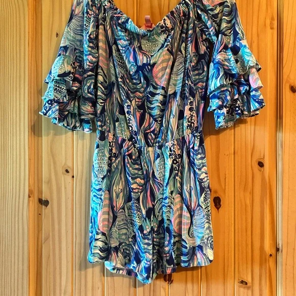 Lilly Pulitzer Twilight Blue Calla off shoulder Romper - Picture 2 of 5
